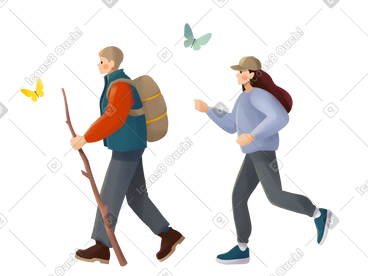 Woman in violet jumper and man in green jumper with khaki backpack hiking PNG, SVG