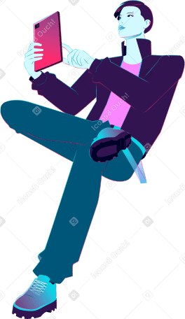 seated young man with gadget PNG, SVG