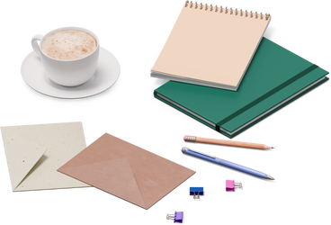 Vista isometrica di buste, quaderni e tazza di caffè PNG, SVG