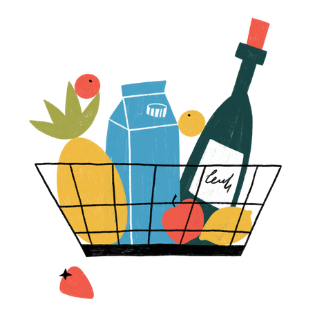 Shopping basket with fruit milk and wine Illustration in PNG, SVG