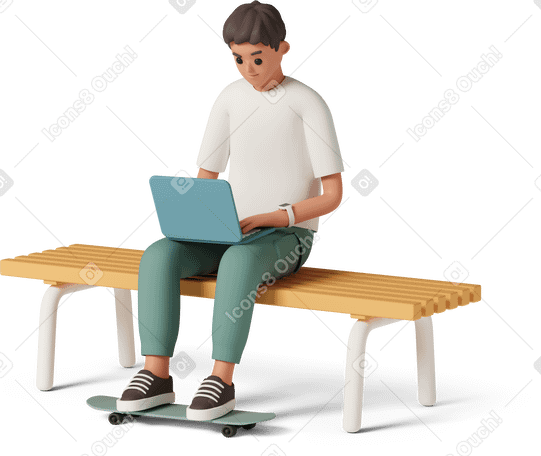 3D man sitting on a bench with laptop with legs on skateboard PNG, SVG