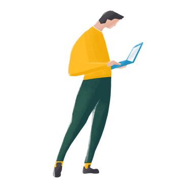 Man standing with an open computer in his hands doing a work task PNG, SVG