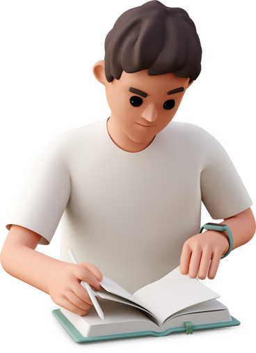 young man reading book and holding pen PNG, SVG