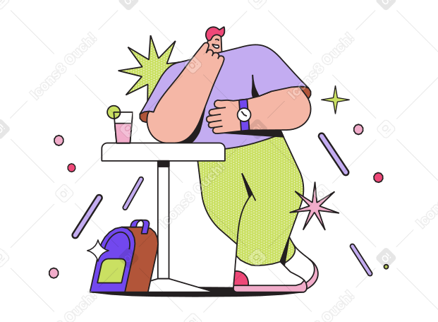man leaning on high table and looking at watch Illustration in PNG, SVG