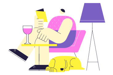 Man sitting at the table with a book and a dog PNG, SVG