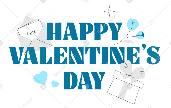 Letras de texto de feliz día de san valentín con sobre, caja de regalo, flores y corazones PNG, SVG