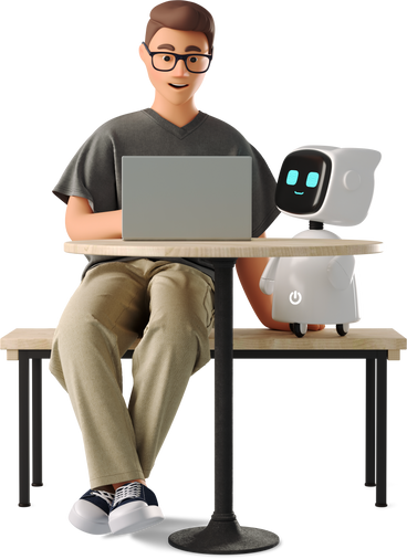 Man working at laptop with robot assistant в PNG, SVG
