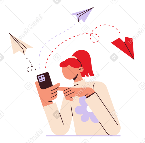 Woman sending messages from her phone Illustration in PNG, SVG