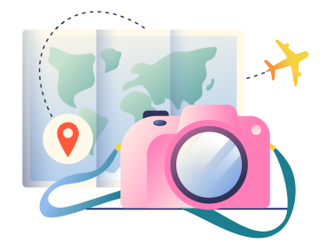 Illustration animée Carte avec itinéraire et appareil photo pour voyager aux formats GIF, Lottie (JSON) et AE