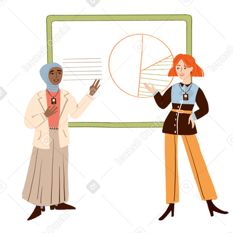 Two girls presenting with graph on board PNG, SVG