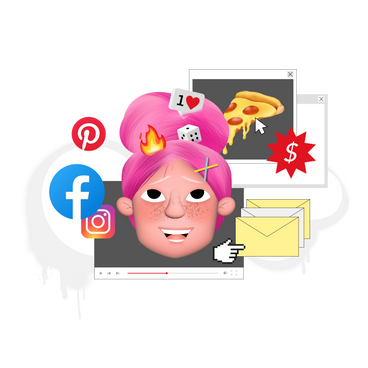 Young woman surrounded by likes, discounts, advertising, social networks on the internet PNG, SVG
