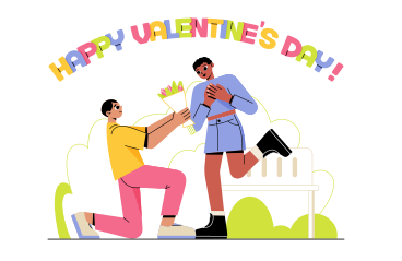 Lettering Happy Valentine's Day! with a guy who gives a bouquet to a girl PNG, SVG