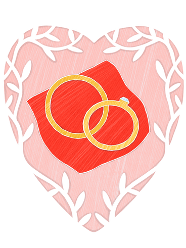 Pink frame in the shape of a heart with a floral pattern and two wedding rings PNG, SVG