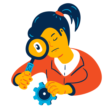Woman studying a gear through magnifying glass PNG, SVG