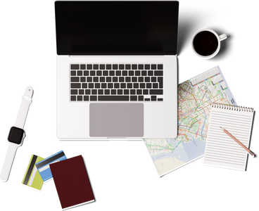 Top view of laptop, smartwatch, map, credit cards, and passport PNG, SVG
