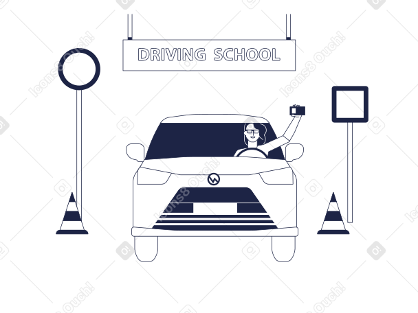 Illustration Une fille heureuse au volant d'une voiture montre son permis de conduire dans le contexte de l'école de conduite aux formats PNG, SVG