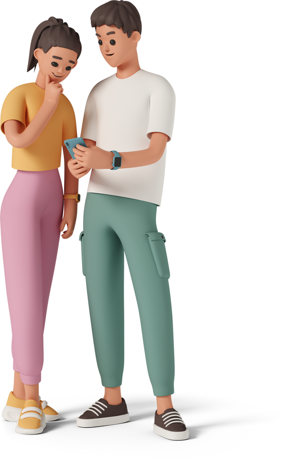 young man and woman looking at phone screen Illustration in PNG, SVG
