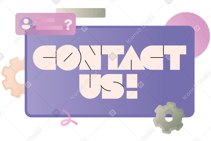 Lettering Contact Us! in browser with gears and user icon text PNG, SVG