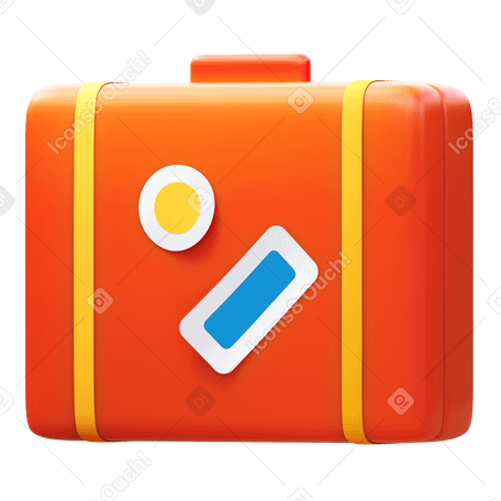 3D orange suitcase with stickers Illustration in PNG, SVG