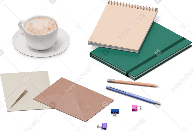 3D Vue isométrique des enveloppes, des cahiers et d'une tasse de café PNG, SVG