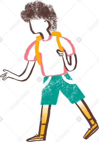 boy with curly hair walking with backpack PNG, SVG
