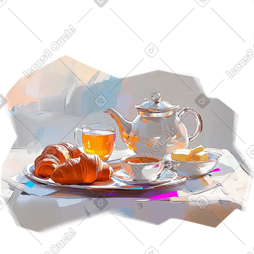 Oil painting of breakfast with teapot, cups and croissants PNG, SVG