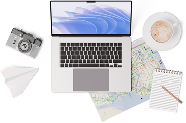 Top view of map, laptop, camera, notebook, cup of coffee PNG, SVG