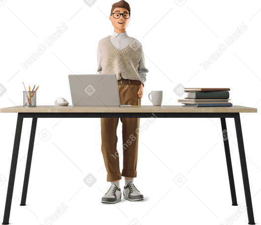 3D young man standing at his desk PNG、SVG