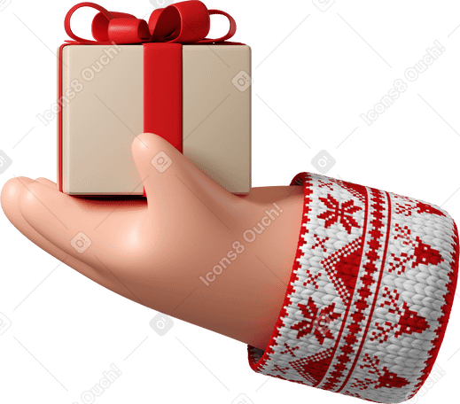 3D Mano de piel blanca en suéter blanco con patrón navideño sosteniendo caja de regalo PNG, SVG