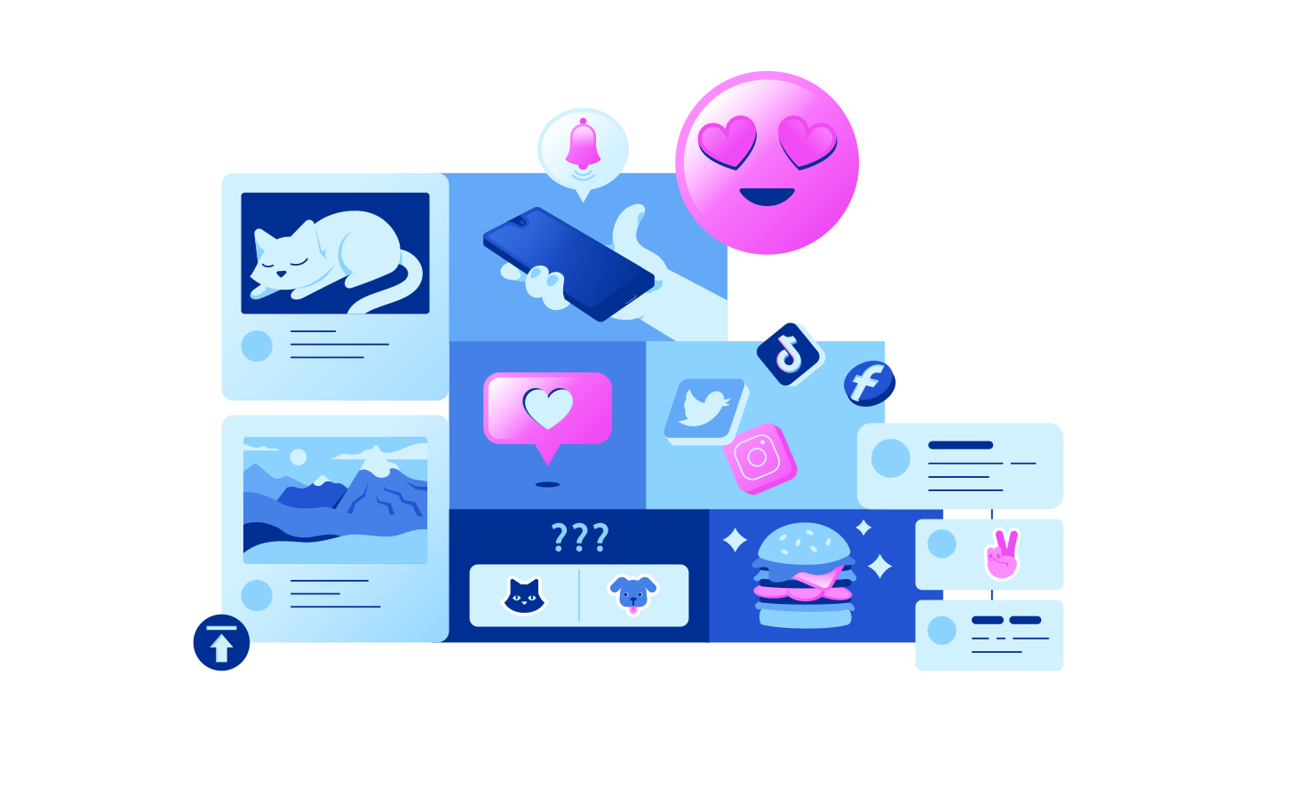 Emoji with social media network symbols, mobile phone and burger Illustration in PNG, SVG