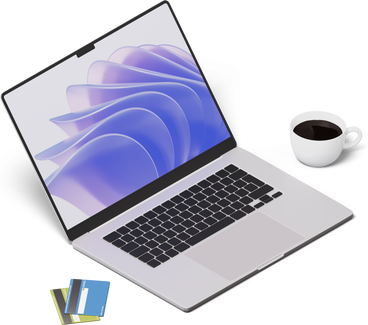Isometric view of laptop cup and two credit cards PNG、SVG