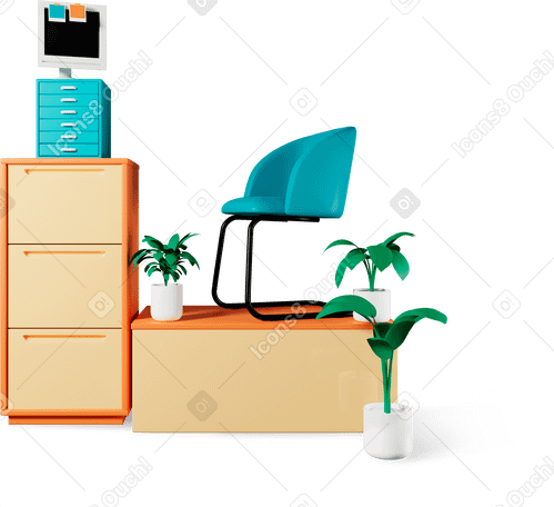 3D office furniture and plants PNG, SVG