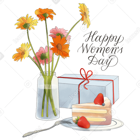 Happy women's day calligraphy with present, cake and flowers Illustration in PNG, SVG