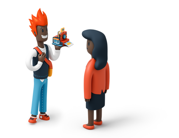 Man presenting vintage camera to woman Illustration in PNG, SVG
