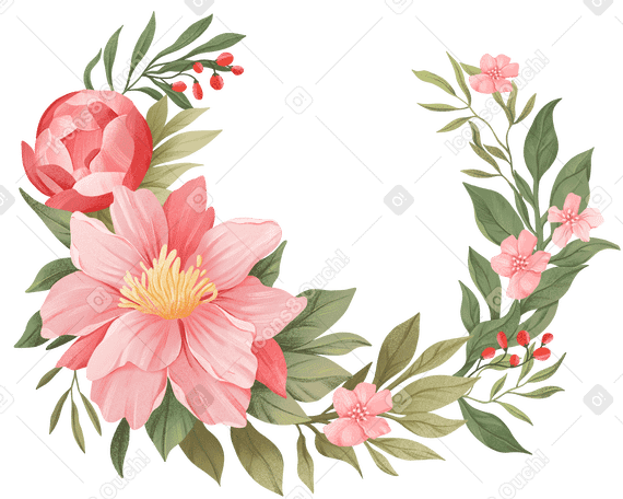 Different pink flowers with green leaves arranged in a circle PNG, SVG