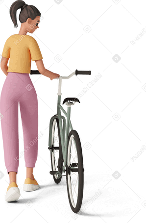 3D back view of young woman walking with bicycle PNG, SVG
