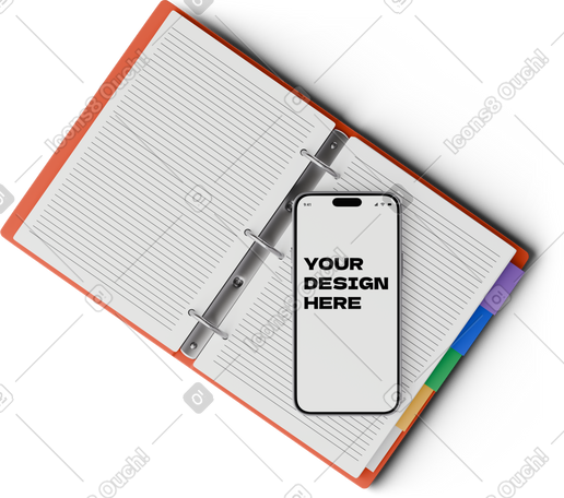 3D top view of smartphone mockup on binder PNG, SVG