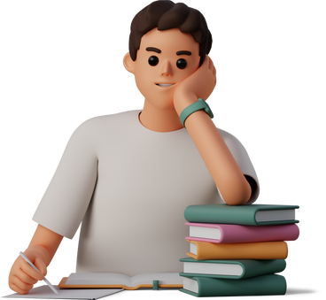 Young man sitting at the desk with books PNG, SVG
