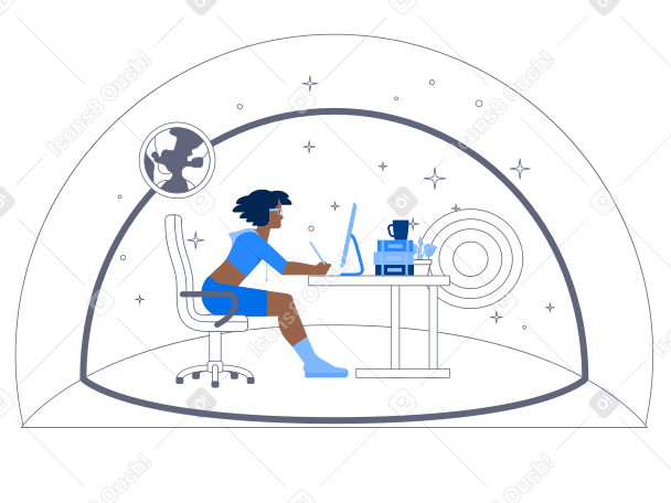 Концентрированный графический дизайнер, работающий на компьютере в космосе в PNG, SVG