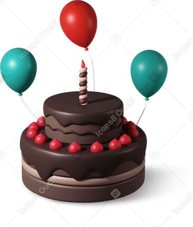 3D birthday cake with balloons PNG, SVG