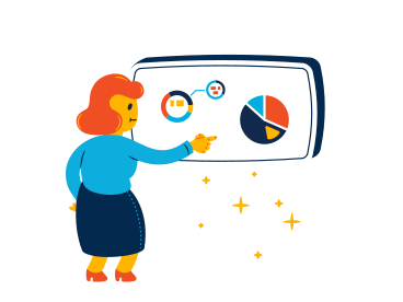Woman pointing at pie chart on whiteboard PNG, SVG