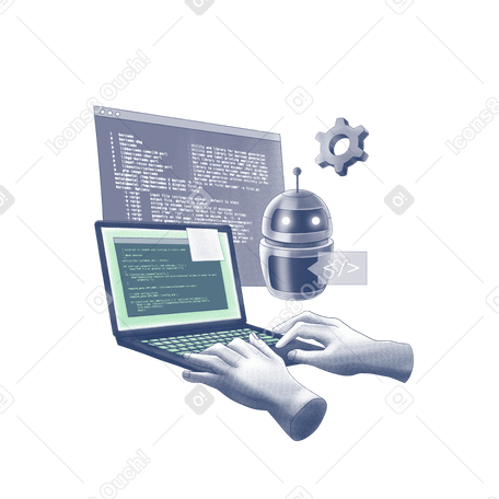Robot helping a person writing code PNG, SVG
