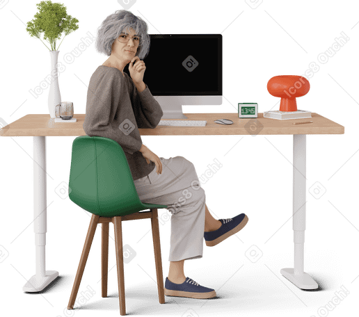 3D old woman sitting in front of computer PNG, SVG