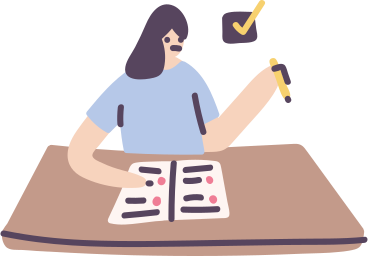 A woman sitting at a table with a book and a pencil PNG, SVG