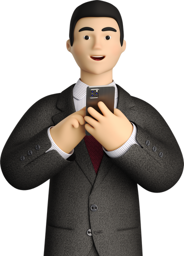 businessman in black suit with phone looking straight PNG, SVG