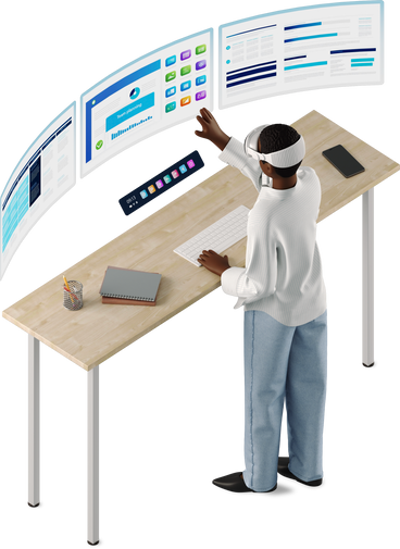 young woman in vr glasses stands at her desk PNG, SVG