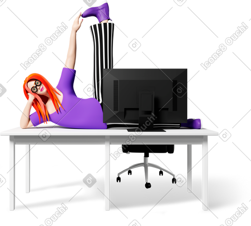 3D 电脑屏幕前的女人在办公桌上闲逛 PNG, SVG