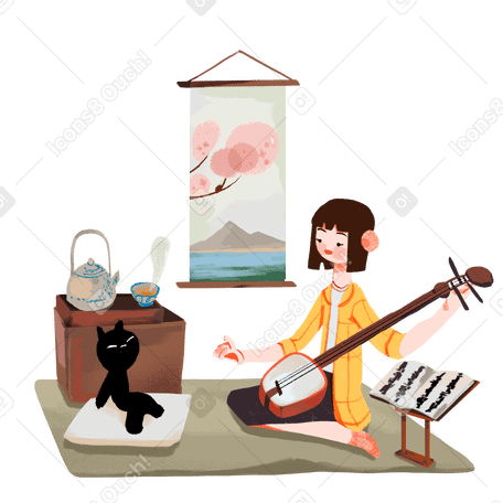 Girl at home playing a stringed musical-instrument Illustration in PNG, SVG