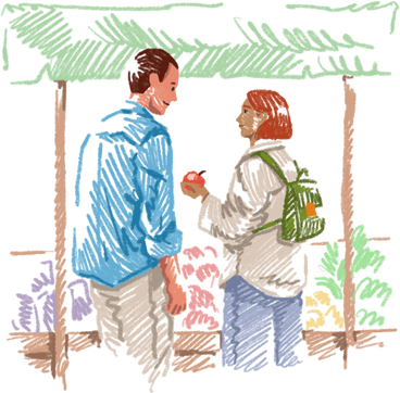 Man and woman shopping at the farmers market в PNG, SVG