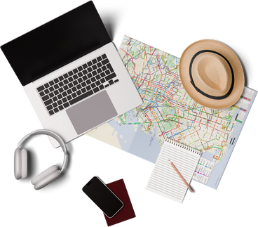 Top view of desk with laptop and travel map PNG, SVG
